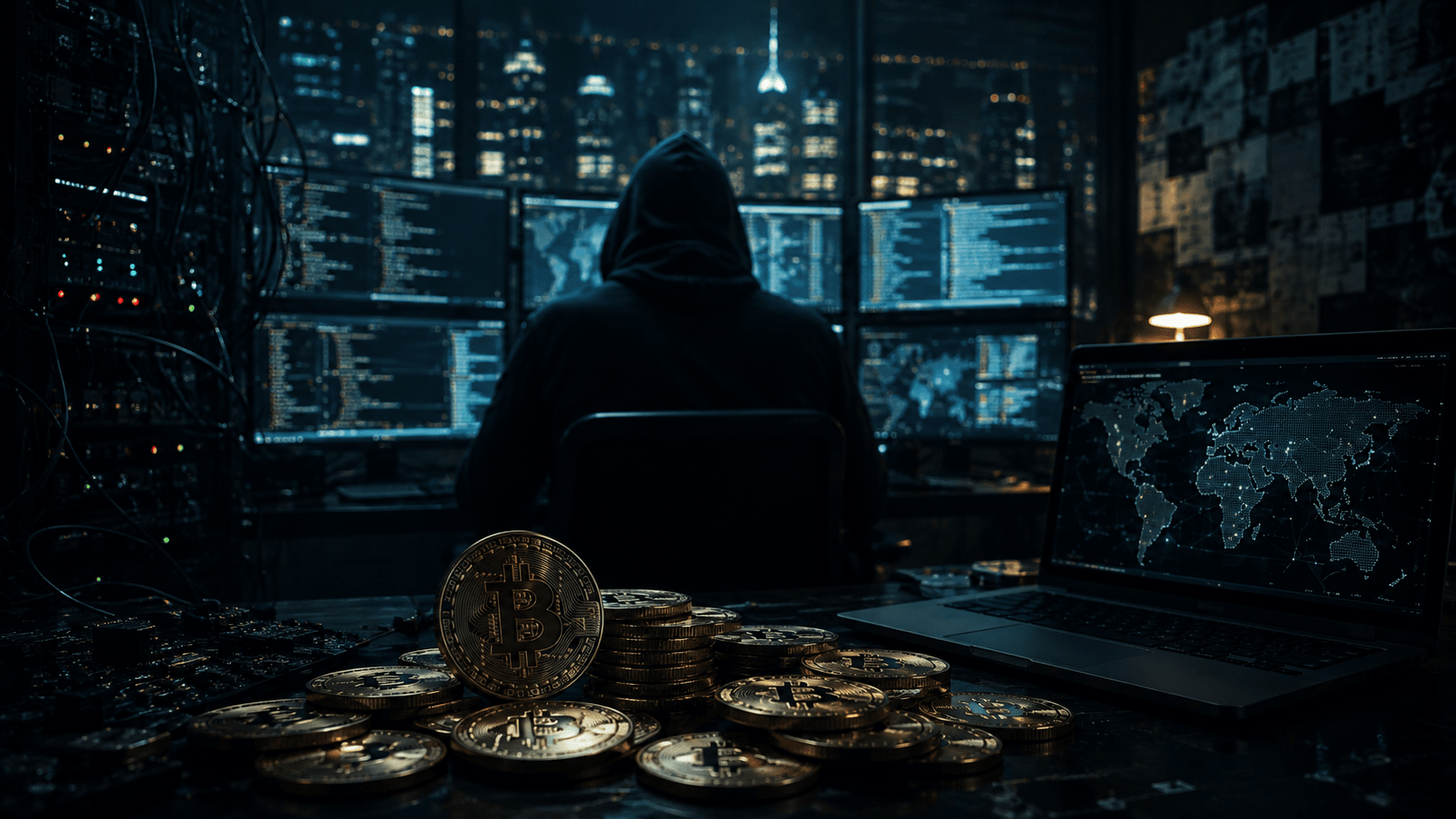 仮想通貨とサイバー犯罪が交錯するアンダーグラウンドな世界のイメージ