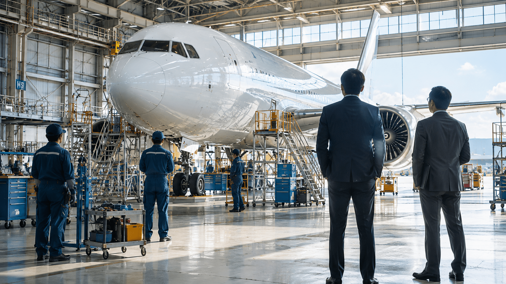 格納庫で大型旅客機を整備する整備士と経営陣のイメージ